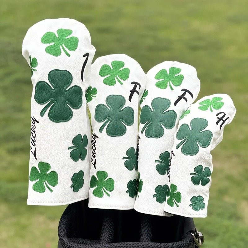 Golf Equipment - スタイリッシュなクローバーゴルフクラブヘッドカバー - 耐久性のある白地に緑の四つ葉のクローバーデザイン、保護用クラブプロテクター